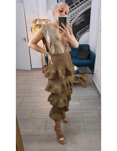 Falda midi de volantes con tejido satinado plisado. Cinturilla elástica. Talla desde 36 hasta 48. 2