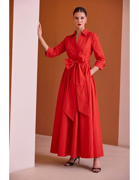 Vestido Carla Ruiz Camisero con manga francesa y moña en la cintura. Mod. 152502
