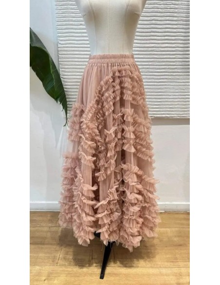 Falda midi de tul con detalle volantitos y cinturilla elástica (talla desde 36 hasta 48).