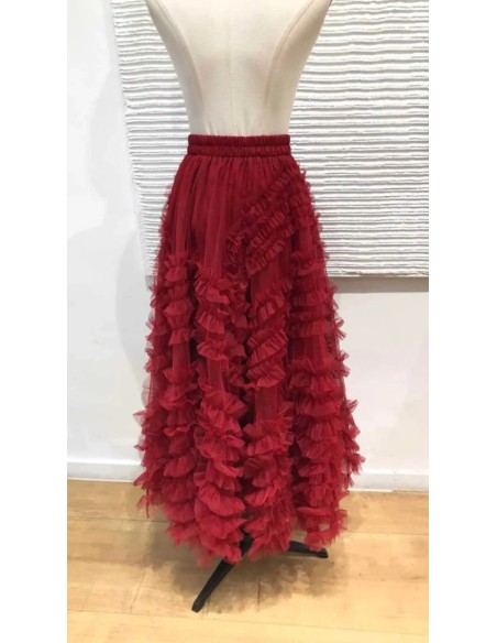 Falda midi de tul con detalle volantitos y cinturilla elástica (talla desde 36 hasta 48).