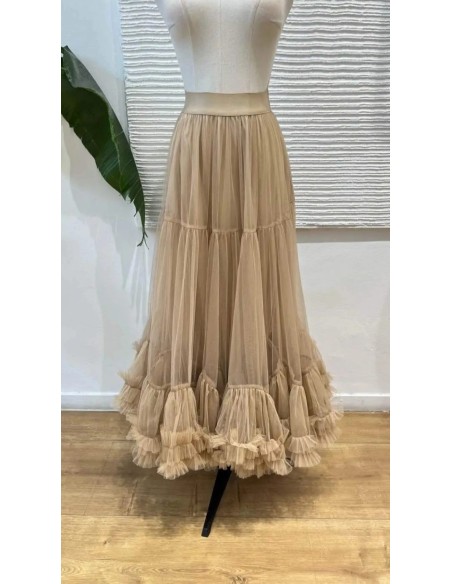 Falda midi de tul con detalle volantitos y cinturilla elástica (talla desde 36 hasta 48).