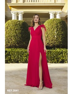 Vestido largo con plumas en el hombro.