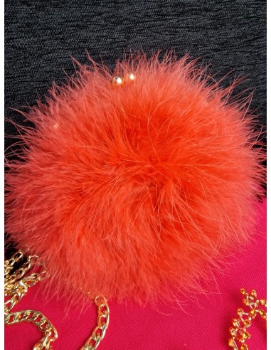 Bolso bola de plumas con cierre y cadena metalizada.